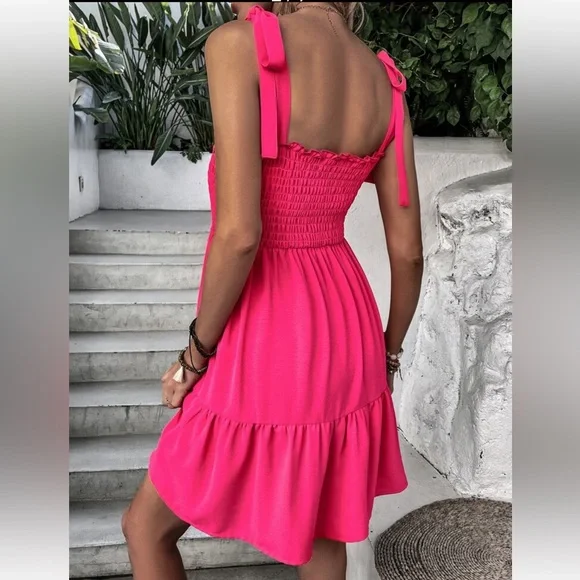 Elegant Smocked Waist Tie Shoulder Ruffle Cami Dress - Picture 2 of 6